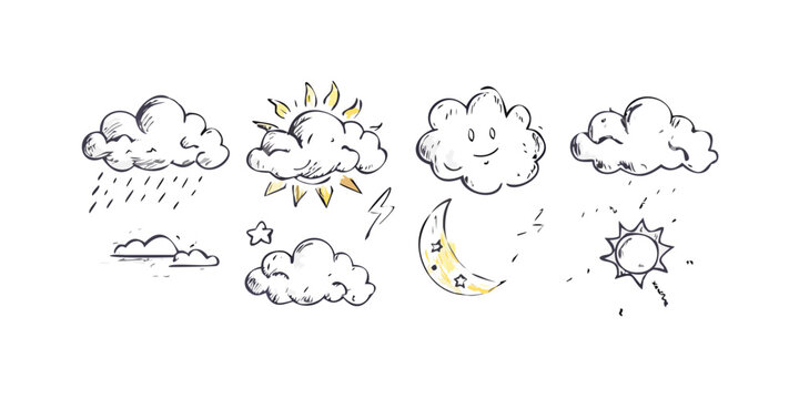 A whimsical collection of various types of clouds and weather patterns Vector