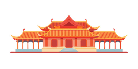 A grand and ornate traditional chinese building with red roof and intricate details Vector © leptop