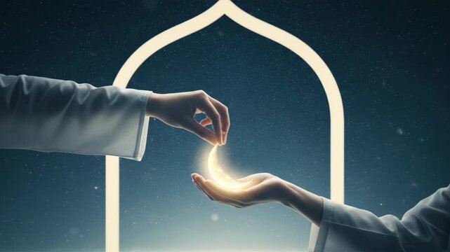 Symbolic Giving of the Glowing Crescent Moon for Ramadan Kareem.