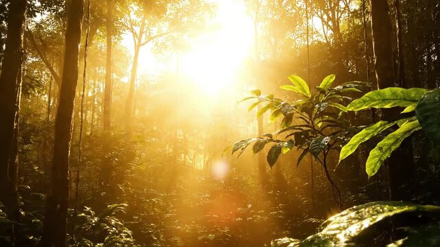 Tropical Canopy Bloom Focus on the upper layers of the rainforest canopy, where direct sunlight creates an intense, 'blooming' overexposure on the wet, lush leaves.