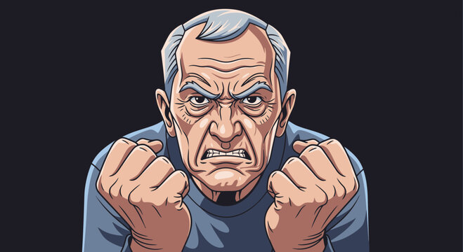 Angry Old Man with Clenched Fists and Intense Expression.