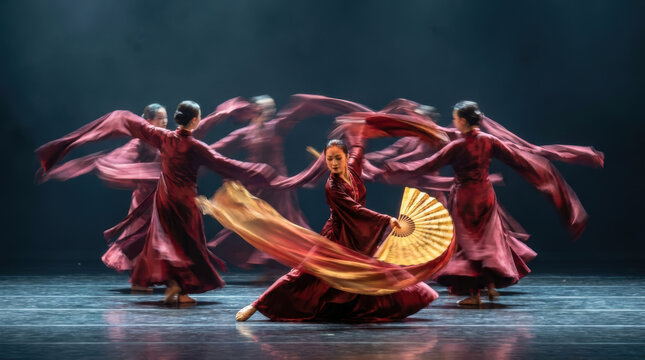 Graceful group of Asian woman dancers in red costume during an art performance on stage. An elegant show of traditional culture with expressive, flowing motion