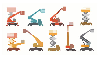 Cute industrial lifting machines with boom arms and raised platforms flat cartoon vector set © MD