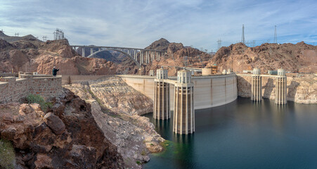 Hoover Dam panorama view and the low water level Nevada.
