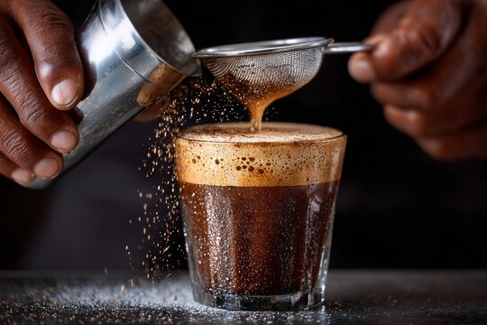 Cola de Mono being poured into glass on dark surface. Concept of festive Chilean drink showcasing aguardiente milk coffee essence in industrial setting.