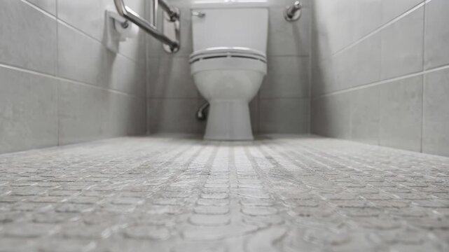 Medium shot emphasizing nonslip flooring in a compact tiled bathroom with grab bars and a raised toilet visible but out of focus.
