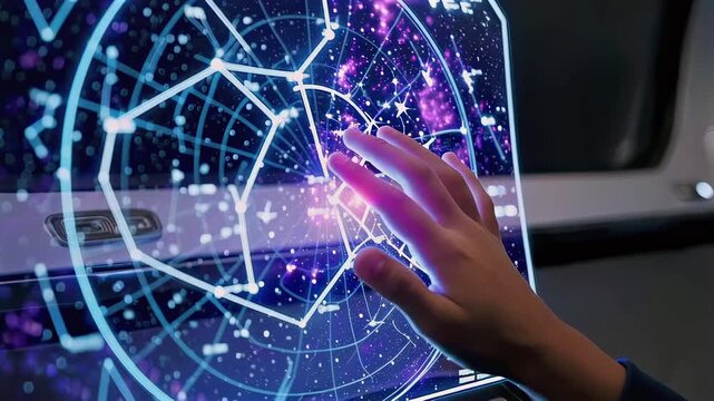 asian operator controlling holographic star navigation display with glowing radial map, fingertip touch gestures on transparent screen inside cockpit, neon galaxy visuals and high tech
