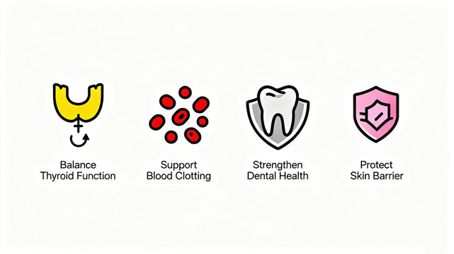 The combination of body function balance icons represents thyroid regulation, coagulation support, strong teeth, and skin protection, suitable for healthcare product scenarios.
