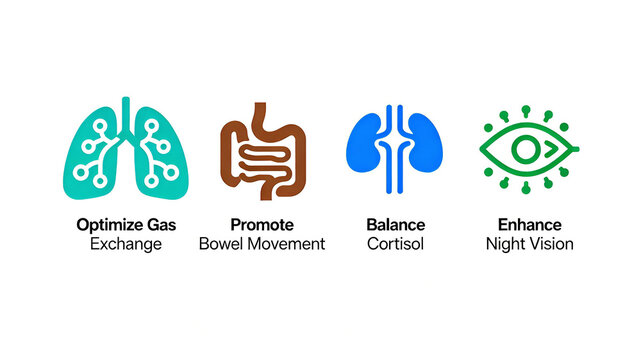 The combination of body function optimization icons represents gas exchange, intestinal peristalsis, cortisol balance, and night vision enhancement, suitable for health regulation scenarios.
