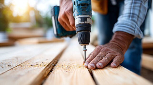 Close-up of faceless hands aligning a piece of fresh cedar decking board, Decking Installation, focus on the wood grain, power drill in soft focus in background, sawdust on the sur