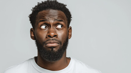Obraz premium Confused young man with curious expression looking up against light gray studio background