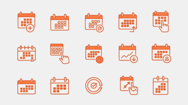 Calendar icons set in red color various designs and styles against a light background