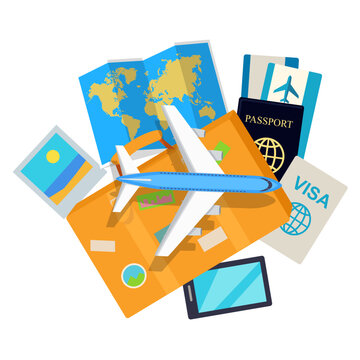 Travel documents and airplane on a map and luggage for international journey
