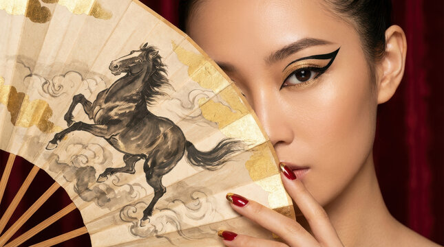 Beautiful Asian woman holds traditional fan with horse painting, her mysterious face partially hidden. Her elegant, dramatic makeup creates glamorous and alluring look
