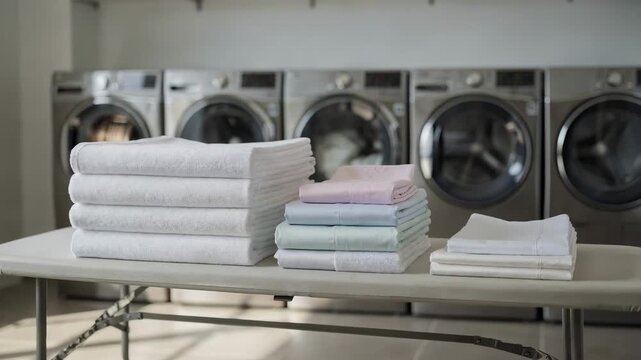 View of a laundry room with a medium shot of stacked linens being sorted on a folding table laundry machines softly out of focus in the background.