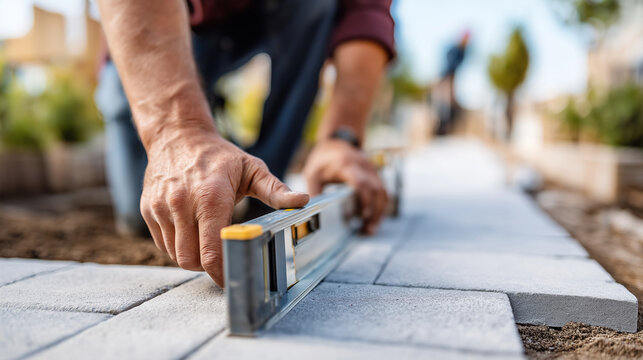 Medium shot of faceless hands using a level tool to ensure evenness of a newly laid paver stone path, Patio & Garden Path construction, focus on the tool and the stone texture, cle