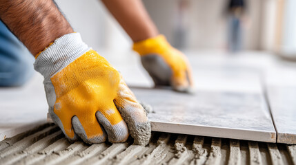Medium shot of faceless hands in protective gloves pressing a large format porcelain tile into mortar on the floor, Flooring Installation, focus on the hand pressure and the tile s