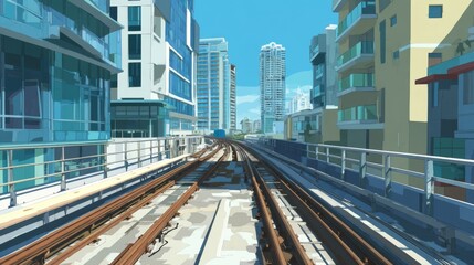 Fototapeta premium Urban Cityscape with Train Tracks and Modern Buildings Under Bright Blue Sky in Vibrant Colors for Contemporary Design Projects