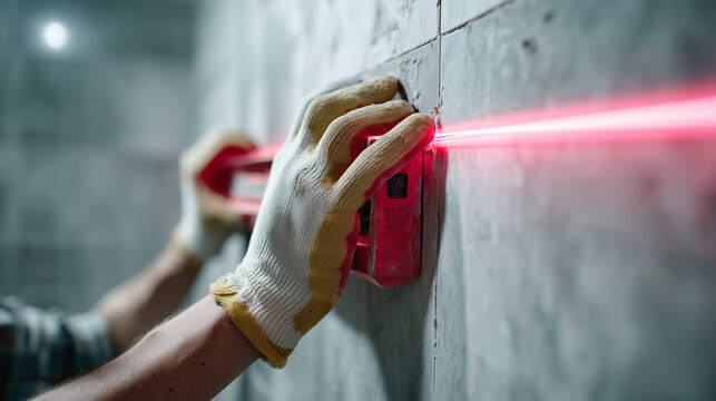 Aesthetic shot of faceless hands in gloves using a laser level to project a red line across a bathroom wall for tiling, Modern Construction, focus on the red light and the hand adj