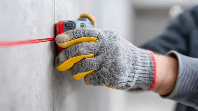 Aesthetic shot of faceless hands in gloves using a laser level to project a red line across a bathroom wall for tiling, Modern Construction, focus on the red light and the hand adj