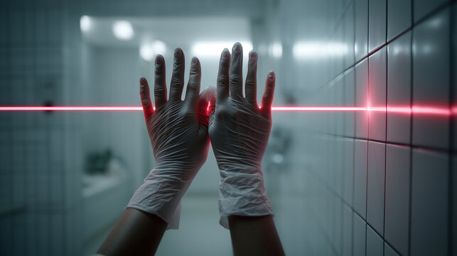 Aesthetic shot of faceless hands in gloves using a laser level to project a red line across a bathroom wall for tiling, Modern Construction, focus on the red light and the hand adj
