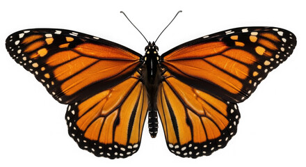 Fototapeta premium Monarch butterfly in vibrant orange with black stripes and white spots on transparent background for nature conservation