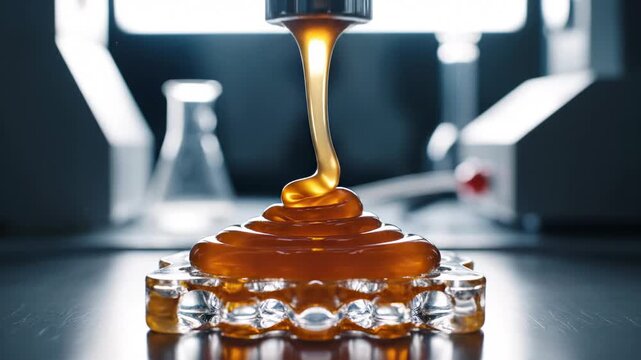 Pouring lquid bio polymer from dispenser in laboratory setting eco Innovation