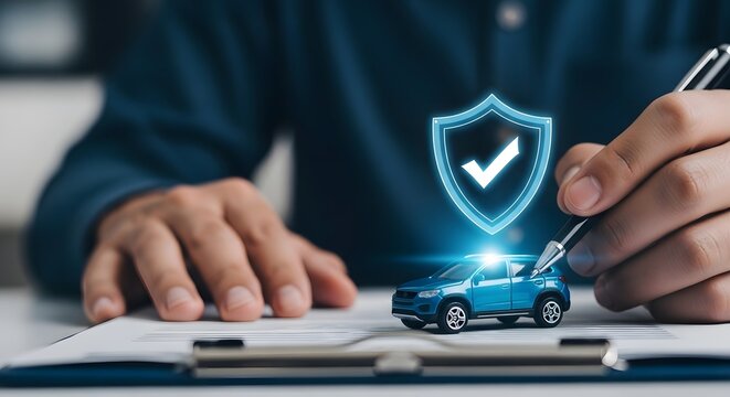 Businessman finalizing car insurance policy with digital shield protection