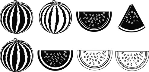 Black and White Vector Illustration Set of Whole Watermelons and Sliced Pieces for Fruit Market Healthy Eating Summer Food and Juice Designs
