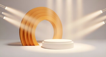 Abstract Stage with Orange Arch and White Podium Illuminated by Spotlight on Light Background