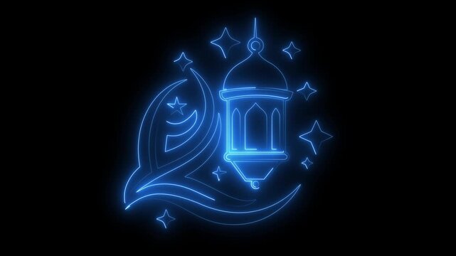 Ramadan Mubarak Animation with Crescent Moon and Mosque Icon on Black Background for Islamic Greetings.