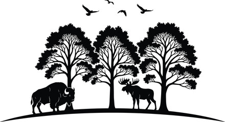 Black Silhouette Vector Illustration of a Forest Landscape Featuring Bison Moose Large Trees and Flying Birds for Nature and Wildlife Graphic Designs