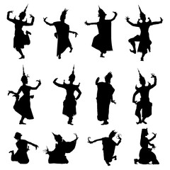 Set silhouette of traditional thai dance in different positions, isolated on white background, EPS10. Vector illustration