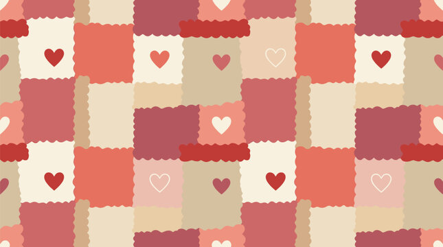 Valentine seamless pattern with hearts in hand drawn patchwork style