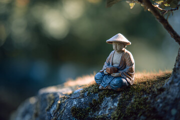 A serene figurine of a monk in meditation, surrounded by nature's tranquility and soft, warm bokeh.