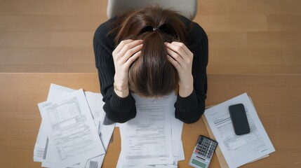 Overwhelmed Woman in Black Sweater Managing Stress with Head in Hands Surrounded by Papers and Calculator