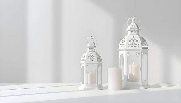 Two white lanterns with candles on a white table in a bright room with soft shadows