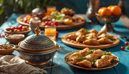 Fototapeta premium A beautifully set table with a variety of traditional foods and decorative dishes in a warm and inviting atmosphere.