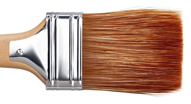 Close up of a paintbrush with natural bristles on a white background