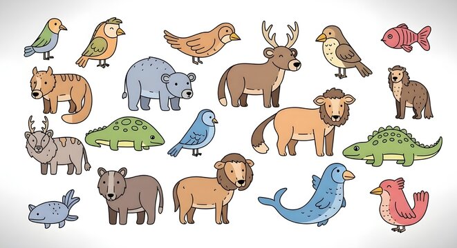 Dibujo infantil de animales de garabato.
 Dibujo de garabatos animales, fauna animal de car&aacute;cter, camello de vaca pel&iacute;cano animal y cocodrilo, peces y alces, zorros y cebras, medusas y lagartos, ilust