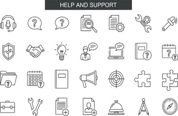 Fototapeta premium Print Comprehensive Help and Support Line Icon Set Featuring Customer Service Agents Troubleshooting Tools Documentation and Strategic Assistance Symbols