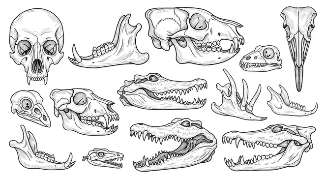Boceto de cráneos de animales.
Dibujar huesos, esqueletos de cabezas de diferentes animales: ciervo, león, pájaro, gato, perro.
Grabado de la anatomía de la fauna.
Ilustraciones vectoriales aislada