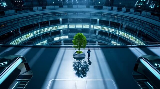 sunlit atrium with central green tree. circular multilevel balconies curve overhead while shafts of light create dramatic shadows on glossy floor. lone person, architect, pauses
