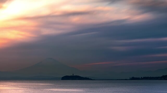 湘南葉山の渚橋から見える江ノ島方面の夕景(タイムラプス・画角固定)