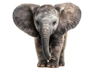 Fototapeta premium Playful baby elephant standing isolated on white background soft lighting realistic skin texture wide angle composition animal stock photo, Realistic Photo