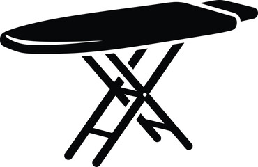 A simple black and white icon illustration depicting a household ironing board with a collapsible x-shaped leg structure.