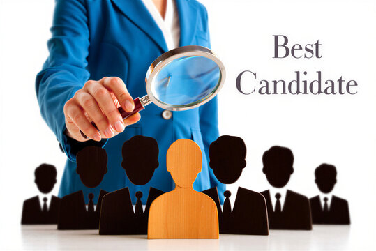 Business professional selecting best candidate from job applicants with magnifying glass in office recruitment concept
