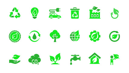 An icon set representing eco systems, environment care, and sustainability concepts.