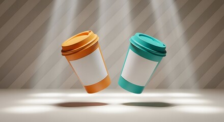 Two Levitating Coffee Cups With Orange And Teal Lids On White Background With Spotlight