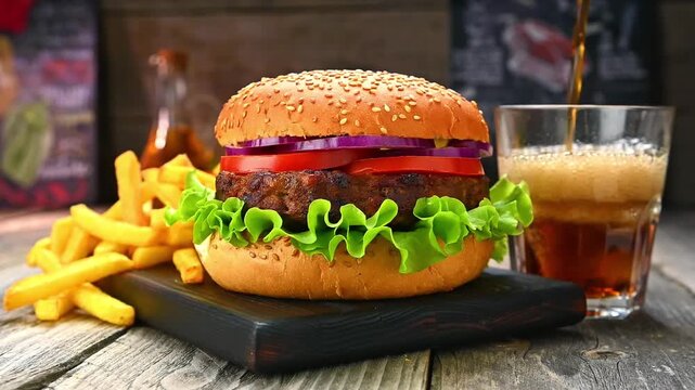 Delicious burger with fries and soft drink on a wooden table in a restaurant. A burger with lettuce, tomato, and onion sits next to fries and a glass of soda on a wooden table.